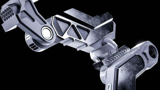 3d rendering of industrial robotic arm with Mechanical rotating machinery parts with modern futuristic elegant and dramatic lighting with black background with cables and shiny white car paint
