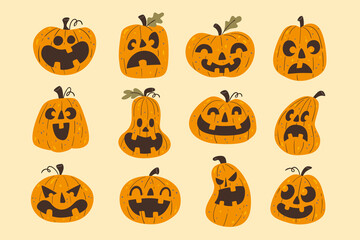 Halloween Pumpkins Collection. Funny hand-drawn Halloween pumpkins clipart. Vector illustration. Isolated elements.