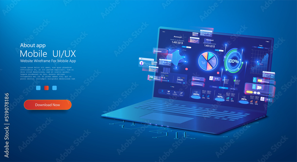 Leinwandbilder application of laptop business graph and analytics data on isometric laptop . analysis trends and fi