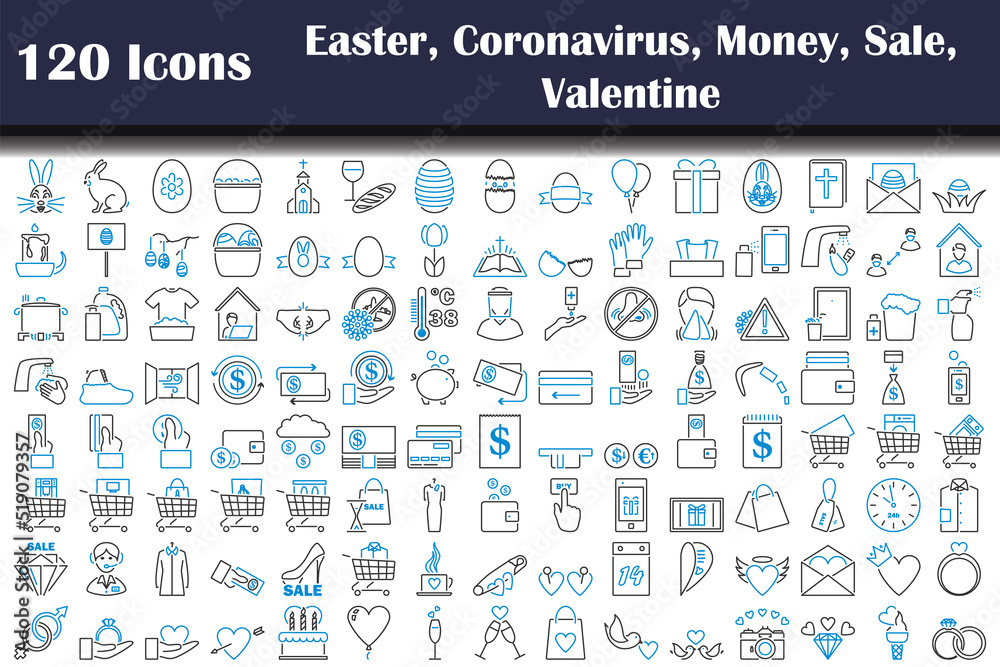 Wall mural 120 icons of easter, coronavirus, money, sale, valentine