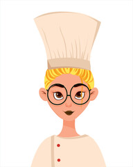 Cartoon flat funny little chef cook girl character in white uniform and baker hat.