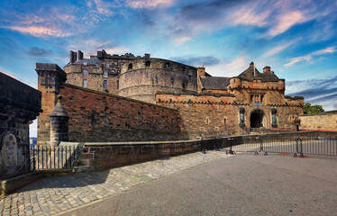 Edinburgh castle - front view with gatehouse at sunset, Castlehill, Scotland - nobody