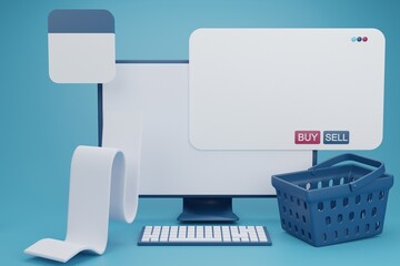 Business computer with shopping basket,paper bill and calendar.digital wallet.Shopping mobile app Cashback and banking,money-saving.Mock up empty screen copy space,Isolate background.3D render