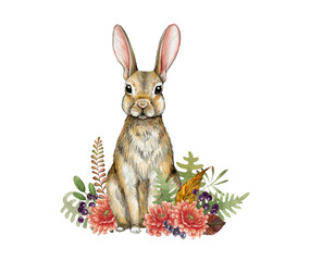 Cute little bunny with wild flowers and herbs. Watercolor illustration. Floral decor with a rabbit. Small cute bunny sitting in beautiful flowers and forest herbs