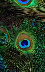 Obraz premium Peacock feather. Peafowl feather. Bird feather. Mor pankh. Abstract background. Janmashtami background. Feather. Wallpaper.