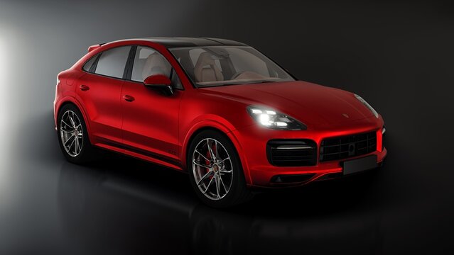 Berlin. Germany. June 12, 2022. Red Porsche Cayenne GTS Coupe 2020. 3d model of a sports SUV in a coupe body. 3d rendering.