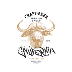 Craft Beer Logo in Vintage Style with Bull Head