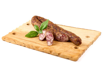 Cured Italian sausage, isolated on white background.