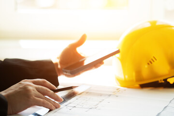 workplace architect builder at the construction site, Architecture and construction. Creating an...