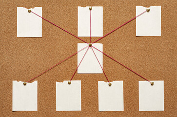 Blank paper notes are pinned to a cork board. The concept of detective investigation. Copy space.