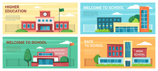 knowledge buildings. municipal school college and university horizontal banners. Vector cartoon template with place for personal text