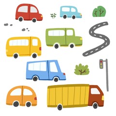 Cute traffic car, truck, bus illustration for children