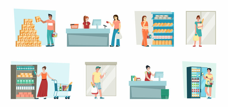 people in market. male and female persons buying grocery food daily routine purchase in supermarket. Vector cartoon pictures collection