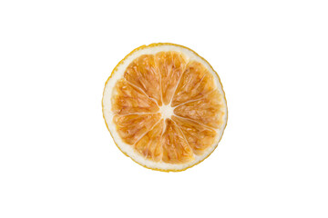 round dried sliced lemon slice, close-up, on a white background