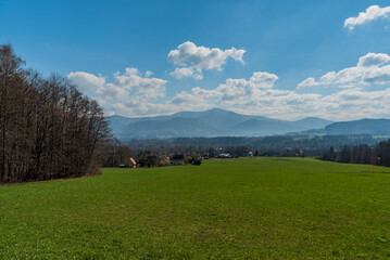 Moravskoslezske Beskydy mountains with Lysa hora hill from meadow above Kuncice pod Ondrejnikem village in Czech republic