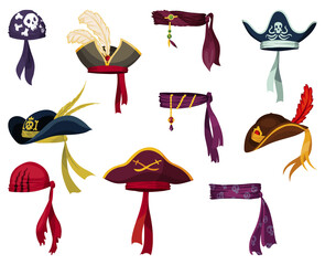 Corsair and pirate hats. Pirate fancy dress, design elements. Buccaneer or corsair carnival costume hats. Sea piracy cap fashion, headdress accessory to party with roger