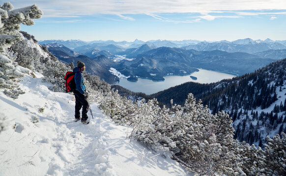 Hiker with backpack looking at Walchensee from Mt. Herzogstand, Bavarian Prealps, Bavaria, Germany