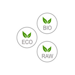 ECO, BIO, RAW LABELS ISOLATED ON WHITE BACKGROUND