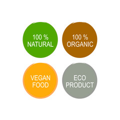 100 % NATURAL, 100 % ORGANIC, VEGAN FOOD, ECO PRODUCT DESIGN BADGES ISOLATED ON WHITE