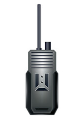 Walkie talkie icon for industrial use. Portable radio transceiver. Travel black portable mobile device. Vector illustration isolated on white background