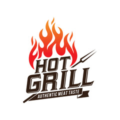 vintage grilled barbecue logo, retro BBQ vector, fire grill food and restaurant icon, Red fire icon