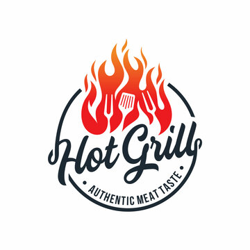 vintage grilled barbecue logo, retro BBQ vector, fire grill food and restaurant icon, Red fire icon