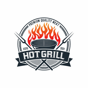 vintage grilled barbecue logo, retro BBQ vector, fire grill food and restaurant icon, Red fire icon