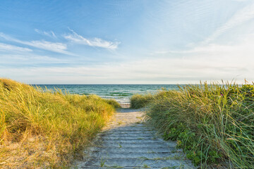 Wooden path to the Baltic Sea beach near Ristinge, Langeland, Denmark