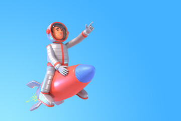 3D render of astronaut riding space rocket or missile on blue background