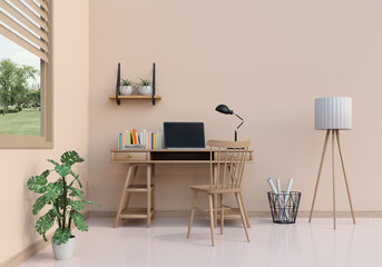 3D render of interior modern living room workspace with laptop computer