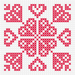 Red snowflake with hearts , cross stitch flower, needlework	