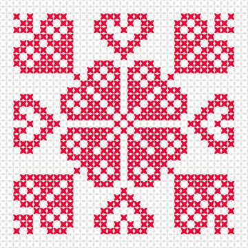 Red snowflake with hearts , cross stitch flower, needlework	