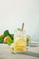 Fototapeta premium Lemonade with ingredients close up. Summer drinks and vacation concept. Sunny day shadows