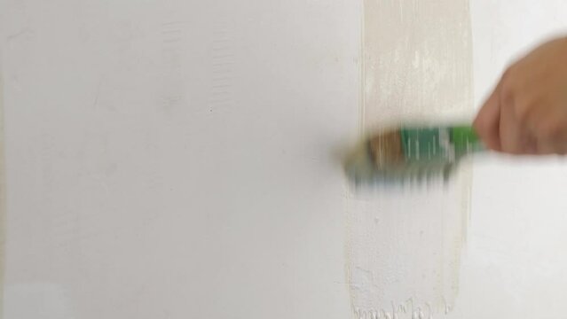 a worker primes a wall with a brush before painting. High quality FullHD footage