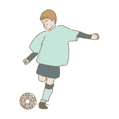 Boy wearing uniform and playing soccer. kid practicing football. Young soccer player kicking the ball. Hand drawn flat vector illustration cartoon character isolated on white background