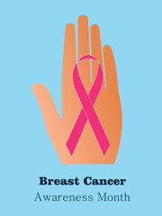 Breast Cancer Awareness Month. Pink ribbon sign. Open hand palm and ribbon on a blue vertical banner. Vector.