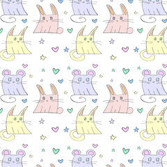 Pattern with three cute animals, a cat, a bunny and a mouse