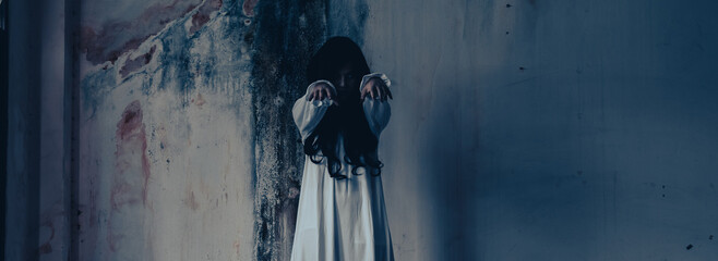 Girl ghost woman death the horror is screaming darkness and nightmare background of scary fear on...