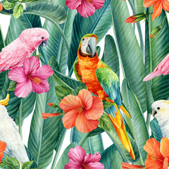 Palm leaves, tropical flowers and parrot. Watercolor illustration. Seamless patterns. jungle plants
