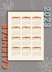 Fashion calendar 2023. VERTICAL ORIENTATION. A4 FORMAT. Calendar on a gray background. Print ready