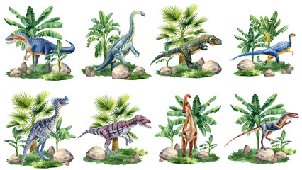 Realistic dinosaur isolated on white background. Hand painted watercolor dinosaurs illustration set. © Hanna