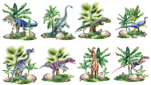 Realistic dinosaur isolated on white background. Hand painted watercolor dinosaurs illustration set.