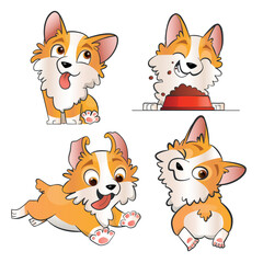 4 cute corgi puppies vector illustrations in flat cartoon style