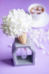 Waffle cone with hydrangea on purple background. Delicate still life with flowers. flower ice cream. Veri Peri trendy color.