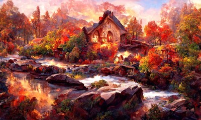A cozy village house among the trees on the river bank. Autumn beautiful landscape. Digital painting illustration.