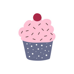 Flat icon sweet muffin with cherry isolated on white background. Vector illustration.