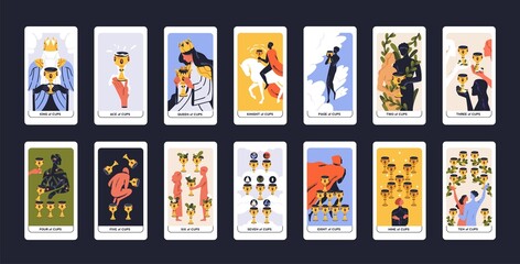 Tarot cards deck design. Minor Arcanas set, suit of cups, goblets pack. Occult esoteric spiritual Taro Ace, King, Queen, Knight, Page, Two through Ten signs. Isolated colored flat vector illustrations - obrazy, fototapety, plakaty