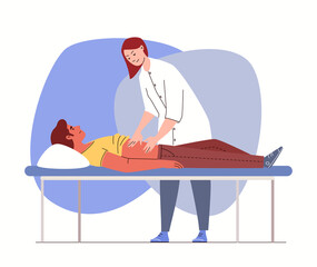 Man in hospital with symptoms of abdominal pain. Physician palpates abdomen of patient. Guy lies on couch while being examined by doctor. Vector illustration flat cartoon. - obrazy, fototapety, plakaty
