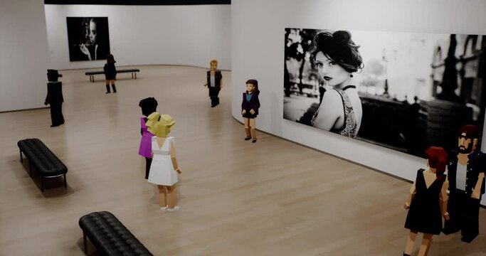 People at a virtual art exhibition of paintings. Nft artist presents his digital versions of works. Avatars in virtual verse reality. Fashion art retail concept. Generic 3d rendering
