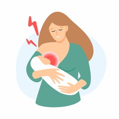 A sad girl is breastfeeding a baby and is experiencing pain in the mammary gland.